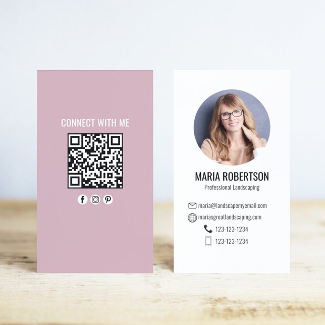 Pink Modern Business Photo QR Code Business Card (Pink modern business card template with scannable QR code.)