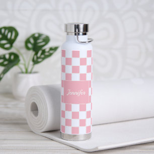 Pink Modern Chequerboard Pattern   Personalised Water Bottle