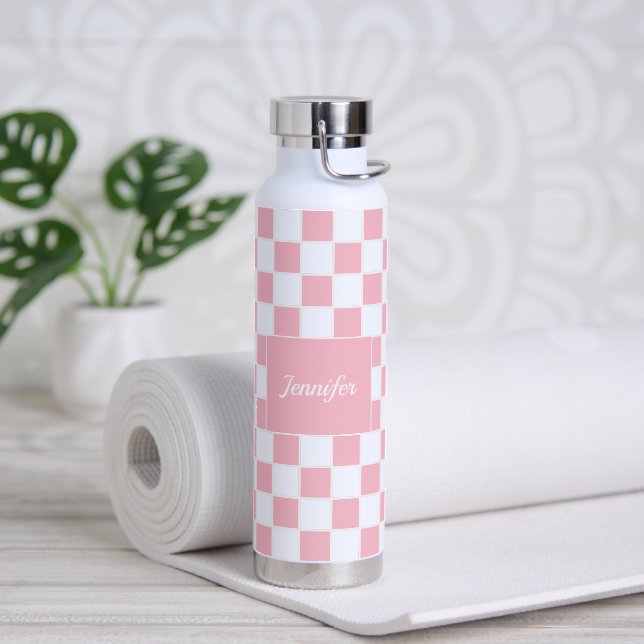 Pink Modern Chequerboard Pattern | Personalised Water Bottle (Yoga)