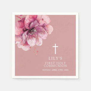 Pink Modern Chic Watercolor Floral Holy Communion Napkin