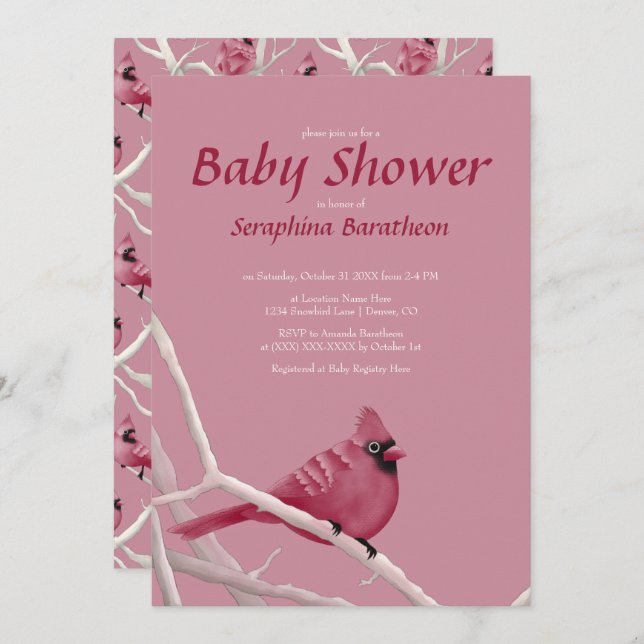 Pink Modern Christmas Cardinal Bird Baby Shower Invitation (Front/Back)