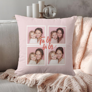 Pink Modern Christmas Photo Collage Fa La La La Cushion