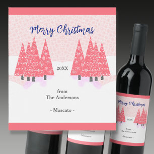 Pink Modern Christmas Trees Wine Label