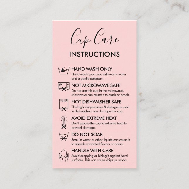 Pink Modern Cup Care Instructions Logo Business Card (Back)