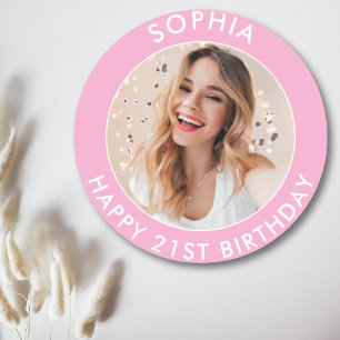 Pink Modern Cute Girl Happy 21st Birthday Photo Classic Round Sticker