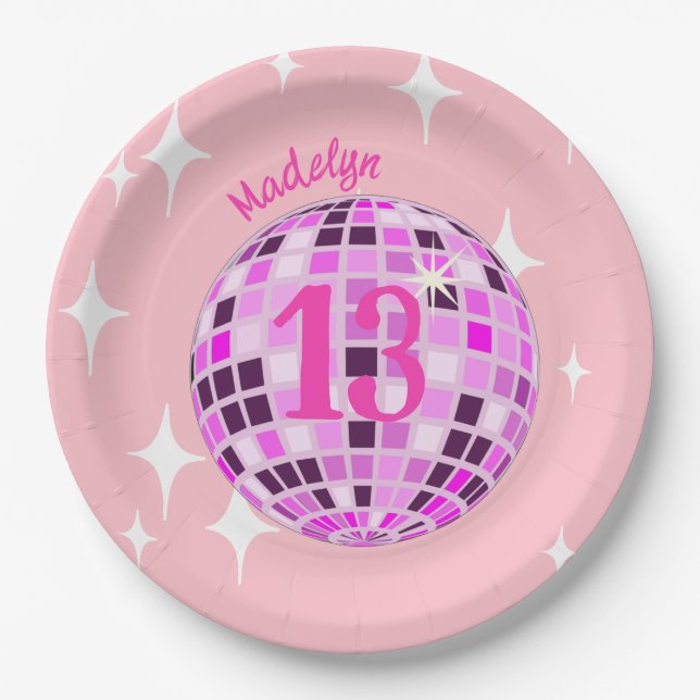 Pink Modern Disco Mirror Ball 13th Birthday Paper Plate (Front)