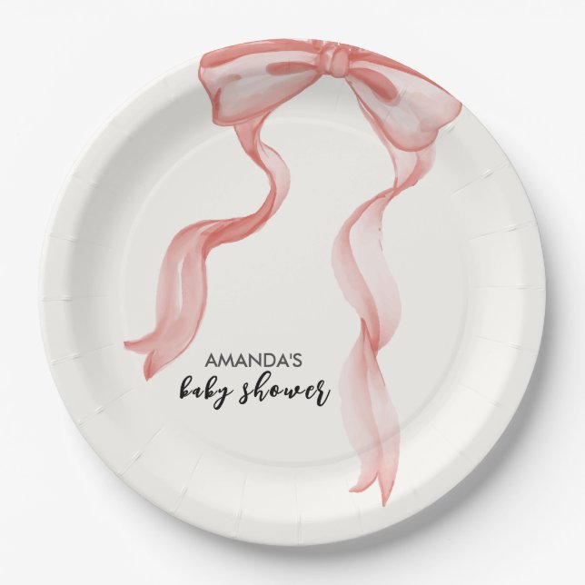 Pink Modern Elegant Bow Girl Baby Shower Paper Plate (Front)