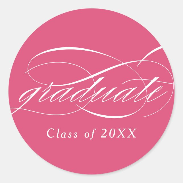 Pink Modern Elegant Script Graduation Classic Round Sticker (Front)
