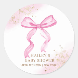 Pink Modern Elegant Watercolor Bow Baby Shower Classic Round Sticker