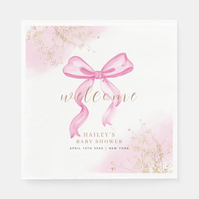 Pink Modern Elegant Watercolor Bow Baby Shower  Napkin (Front)