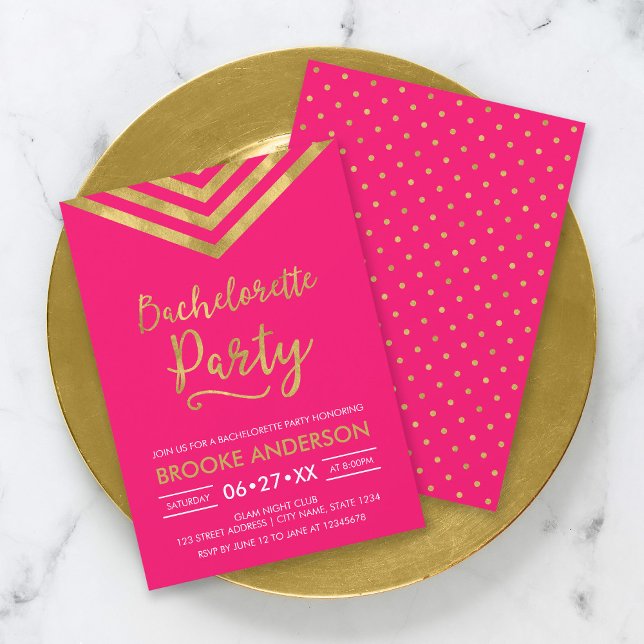 Pink Modern Faux Gold Chevron Bachelorette Party Invitation (Creator Uploaded)