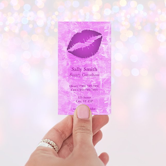 Pink Modern Faux Texture Purple Lips Business Card (Pink and Purple Lips Business Card)