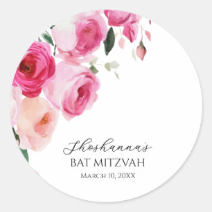 Pink Modern Floral Bat Mitzvah  Classic Round Sticker