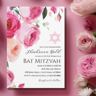 Pink Modern Floral Bat Mitzvah Invitation