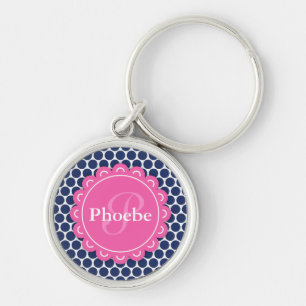 Pink Modern Flower Monogram Blue Polka Dot Pattern Key Ring