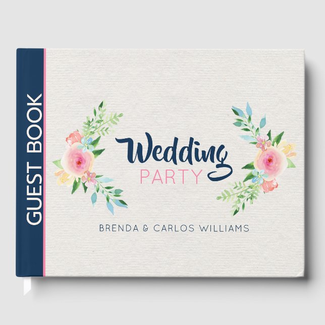 Pink modern flowers border craft paper texture guest book (Front)