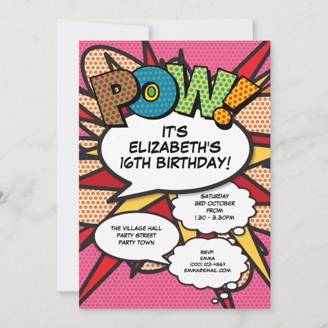 Pink Modern Fun Birthday Party Comic Book Any Age Invitation (Front)