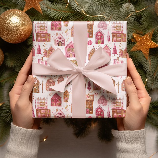 Pink Modern Gingerbread House Wrapping Paper (Creator Uploaded)