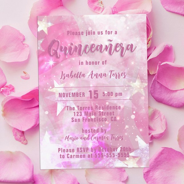 Pink Modern Glam Gleaming Starry Quinceañera Invitation (Creator Uploaded)