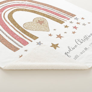 Pink Modern Glitter Rainbow Birth Stats Girl Baby Sherpa Blanket