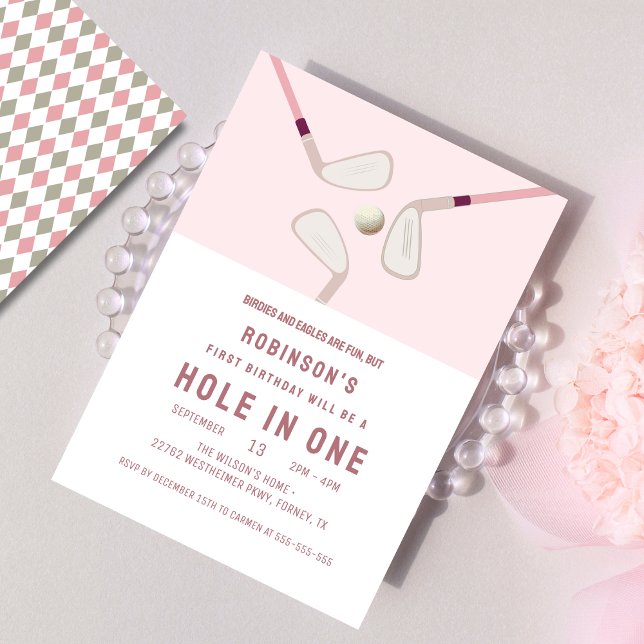 Pink Modern Hole in One Par-tee golf birthday Invitation (Creator Uploaded)