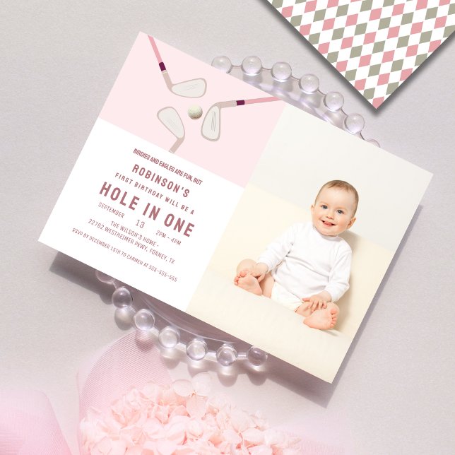 Pink Modern Hole in One Partee golf birthday Photo Invitation (Creator Uploaded)