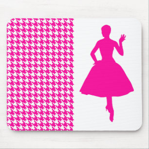 Pink Modern Houndstooth w/ Fashion Silhouette Mouse Pad