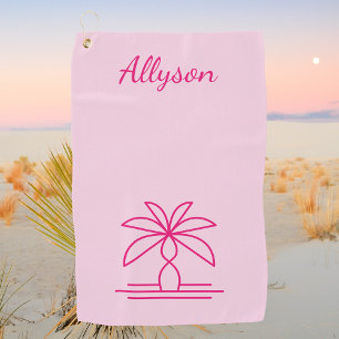 Pink Modern Minimalist Palm Tree Personalised Golf Towel