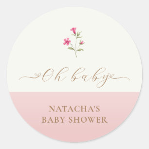 Pink Modern Minimalist Wildflower Baby Shower Classic Round Sticker