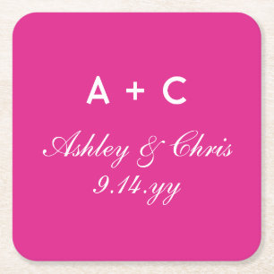 Pink Modern Personalised Wedding Reception Favour Square Paper Coaster