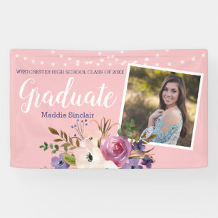 Pink Modern Photo Floral String Lights Graduation Banner