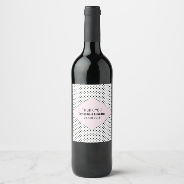 Pink Modern Polka Dots Wedding Wine Label (Front)