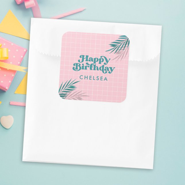 Pink Modern Pool Party Adult Birthday Square Sticker (these stickers are perfect for sticking to favor bags)