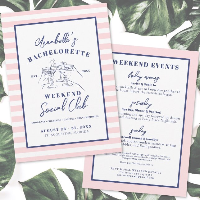 Pink Modern Retro Bachelorette Party Invitation (Social Club Preppy Bachelorette Party Invitation)