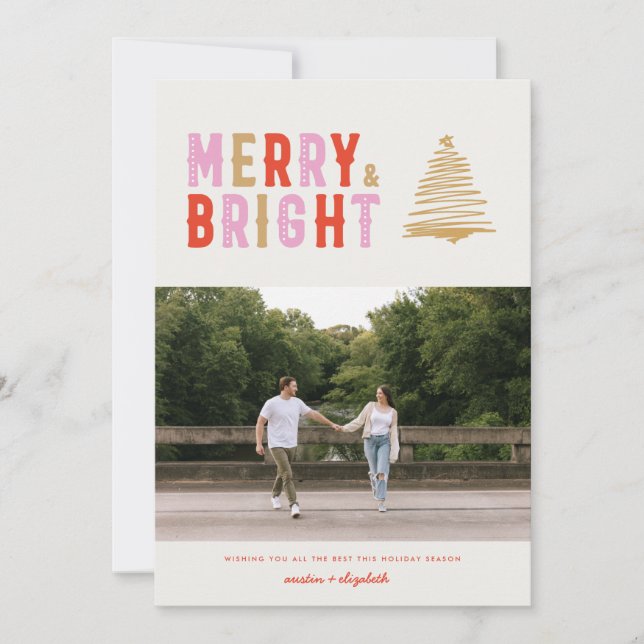 PINK MODERN RETRO MERRY & BRIGHT | 1 Photo Card (Front)