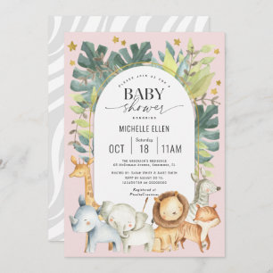 pink modern safari cute baby animals girl shower invitation