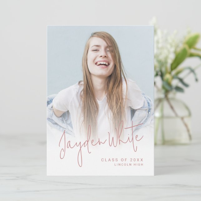 Pink Modern Script 4 Photo Graduation Announcement (Standing Front)