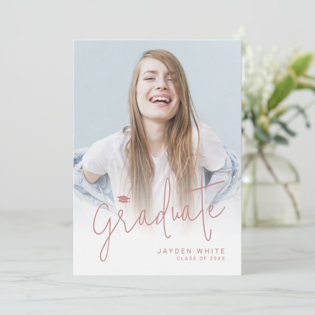 Pink Modern Script 4 Photo Graduation Announcement (Standing Front)