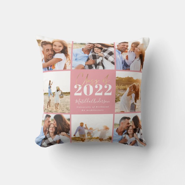 pink modern script graduation photo class of 2022 cushion (Front)
