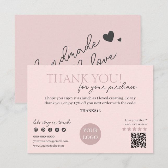 Pink Modern Script, Thank You Candle Business  Enclosure Card (Front/Back)