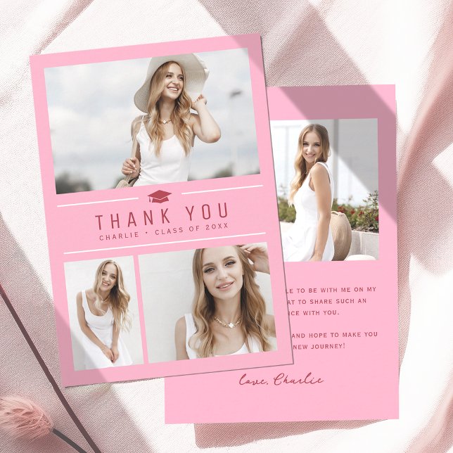 Pink Modern Simple Typography 4 Photo Graduation  Thank You Card (Pink Modern Simple Typography 4 Photo Graduation Thank You Card)