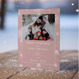 Pink Modern Snowflakes Flat Holiday Photo Card