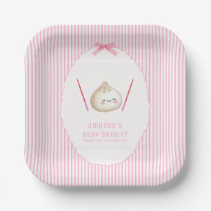 Pink Modern Stripe Bow Asian Dumpling Baby Shower Paper Plate