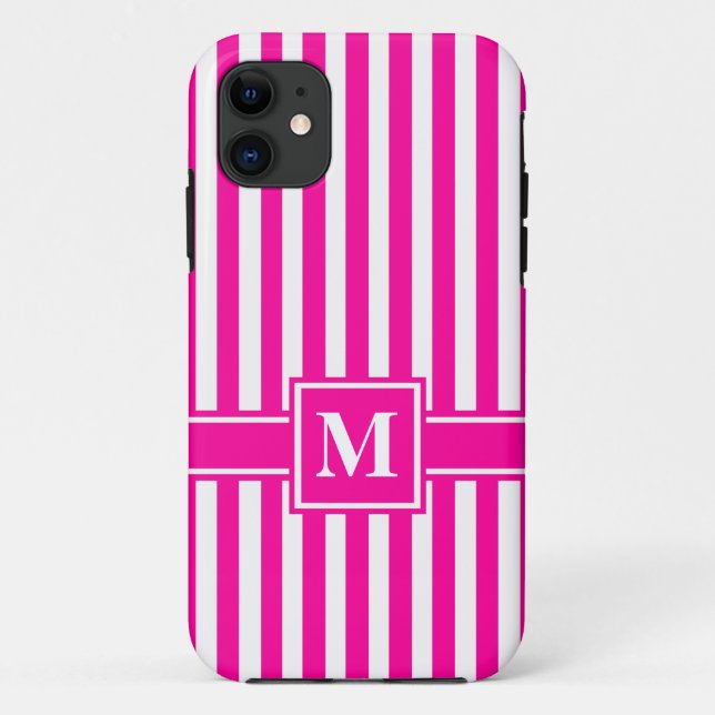 Pink Modern Stripe with Monogram Case-Mate iPhone Case (Back)