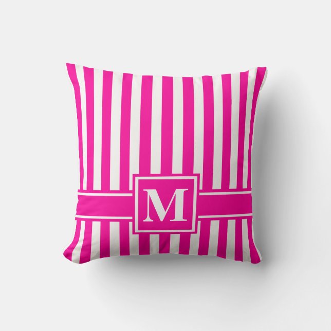 Pink Modern Stripe with Monogram Cushion (Front)