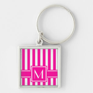 Pink Modern Stripe with Monogram Key Ring