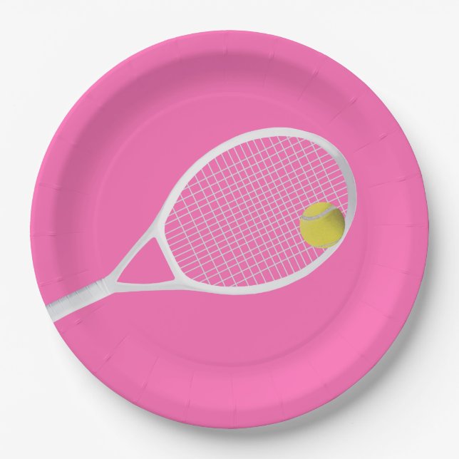 Pink Modern Tennis Ball White Racket  Paper Plate (Front)
