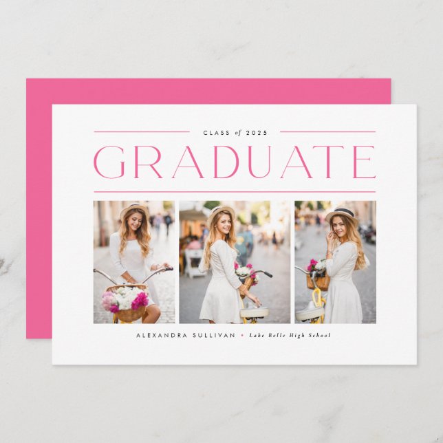 Pink Modern Typography Photo Collage Graduation Invitation (Front/Back)