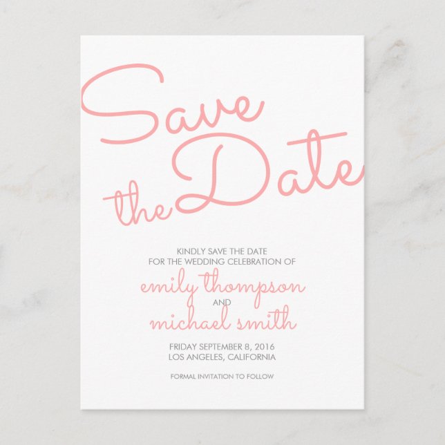 Pink Modern Typography Wedding Save the Date Announcement Postcard (Front)