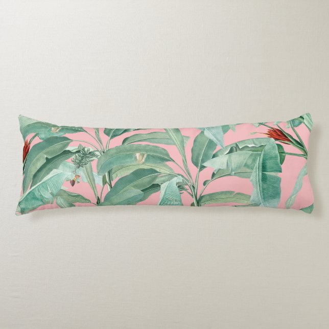 Pink Modern Watercolor Tropical Banana Palm Leaves Body Cushion (Front)
